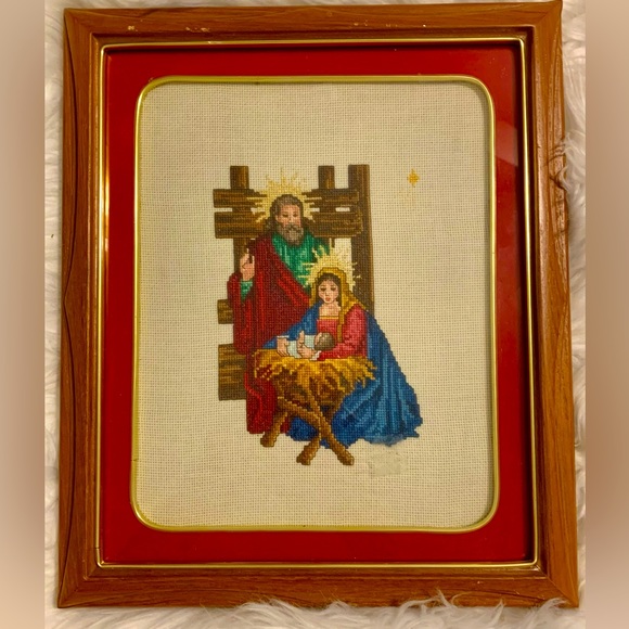 Handmade Framed Cross-Stitch Nativity Scene With Wooden Frame & Red Matting - Picture 1 of 6